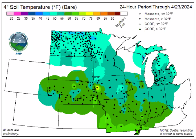 A map of the Midwest showing soil temperatures.